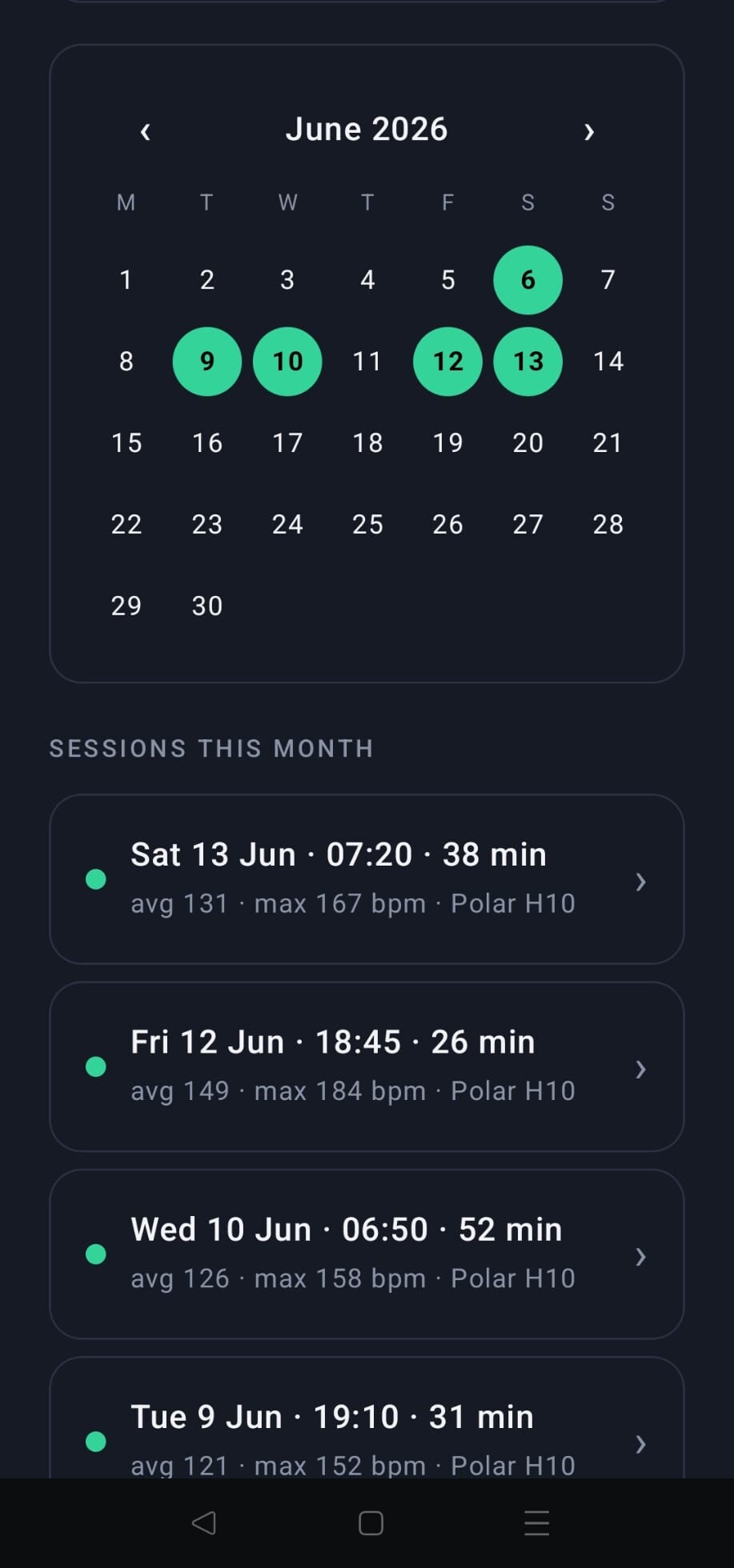 Workout diary calendar and session list