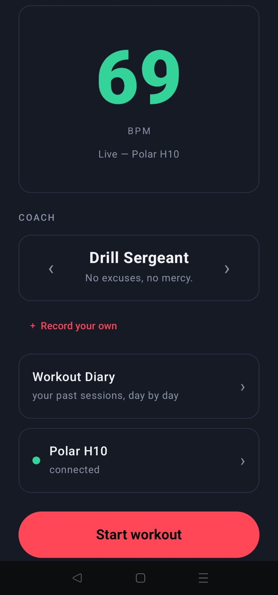 Home screen with live heart rate and coach picker